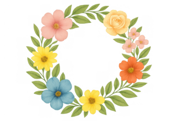 Watercolor floral wreath forming a circle with colorful blooming flowers and green leaves on transparent background