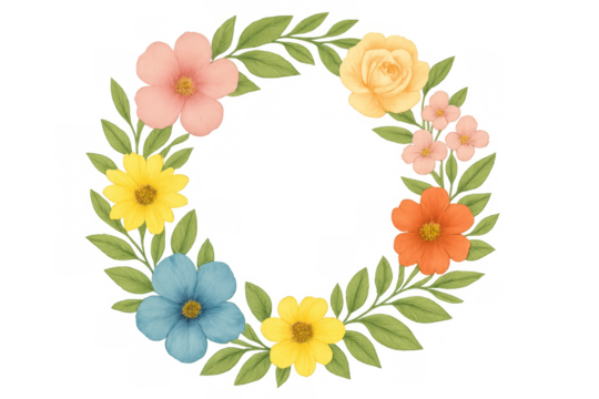 Watercolor floral wreath forming a circle with colorful blooming flowers and green leaves on transparent background - Powered by Adobe