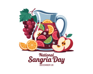 National Sangria Day vector. Sangria in a glass jug and with fruits vector. Traditional spanish drink sangria still life vector. Sangria Day Poster, December 20.