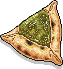 A pixelated close-up of a savory triangular pastry filled with green herbs.