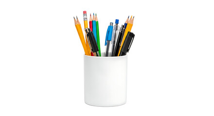 Fototapeta premium A white ceramic cup filled with a variety of colored pencils and pens standing upright against a solid black background