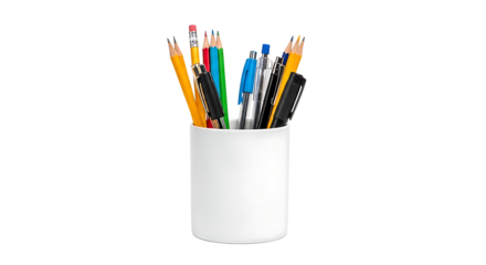 A white ceramic cup filled with a variety of colored pencils and pens standing upright against a solid black background