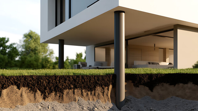 Architectural rendering featuring a modern home elevated on support pillars, showcasing its unique foundation and design, surrounded by lush greenery and a detailed soil profile. - Powered by Adobe
