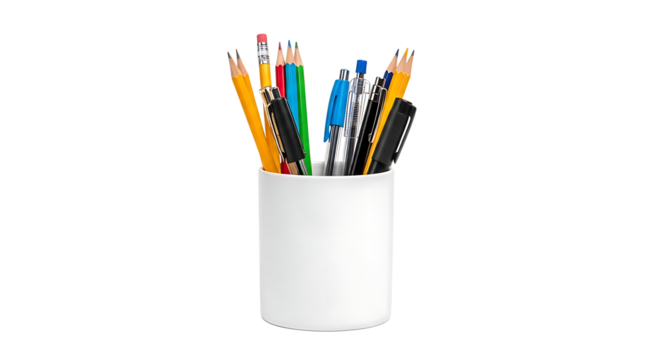 A white ceramic cup filled with a variety of colored pencils and pens standing upright against a solid black background