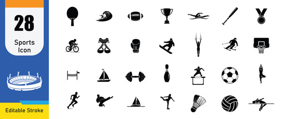 Collection of 28 sports shilhouette icon Soccer Ball, Basketball, Tennis Racket, Trophy, Whistle, Goal, Medal, Baseball Bat, Running Shoe, Stopwatch vector illustration