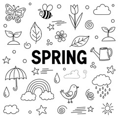 Spring elements: flowers, umbrella, bird, clouds, rainbow, black and white illustrations