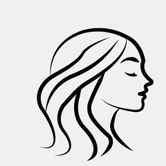 Elegant woman face with wavy hair isolated on white background, a minimalist line art drawing for beauty and fashion concepts