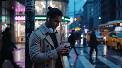 Man using smartphone with headphone. Commuter in trenchcoat waits by taxi in city rain at night. Technology and mobile connectivity glow from screen. Urban commute shows wet sidewalk and neon light. - Powered by Adobe