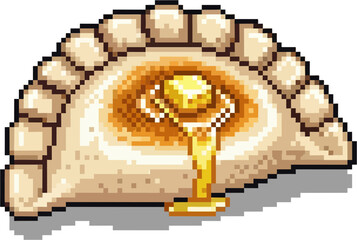 Pixel art illustration of a dumpling or pierogi with a melting pat of butter on top, dripping down.