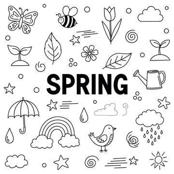 Spring elements: flowers, umbrella, bird, clouds, rainbow, black and white illustrations