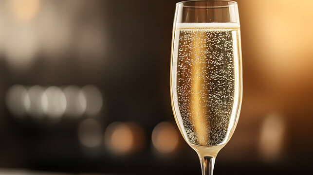 Elegant glass of sparkling wine with golden bubbles, ideal for celebrations. The soft, warm background adds a touch of festivity & glamour. A perfect celebratory toast.