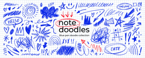 Fototapete Superhelden Blue pen scribble and doodle collection. Blue pen lines, arrows and scribbles at grid notebook background. Crayon drawn note doodles for hand drawn diagram, infographic and journaling.  © Anastasiia Hevko