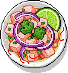Pixel art illustration of ceviche on a plate, garnished with red onion, lime, and cilantro.