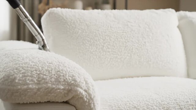 Professional cleaning service employee using a steam cleaner extractor on a modern white couch to remove dirt and disinfect the upholstery