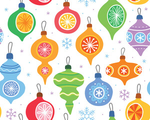 Christmas seamless pattern, colorful christmas balls, toys on white background. Festive new year ornament.