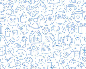 Christmas seamless pattern, doodle outline illustrations on white background. Santa, gifts, gingerbread, mittens, toys, candles, festive Christmas and New Year icons.