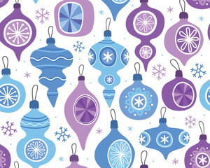 Christmas seamless pattern, blue and purple christmas balls, toys on white background. Festive new year ornament.