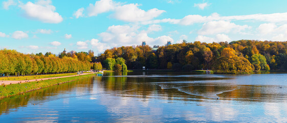 View of the Upper Tsaritsynsky Pond in Moscow, Russia in autumn - panorama.