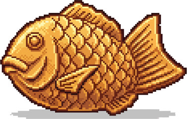 A golden-brown, pixelated fish-shaped pastry, detailed with scales and fins, isolated on white.