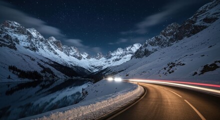 Snowy mountain road with light trails under starry night