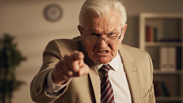 Furious elderly businessman in a suit shouting and accusing, pointing his finger directly at the camera with an aggressive expression