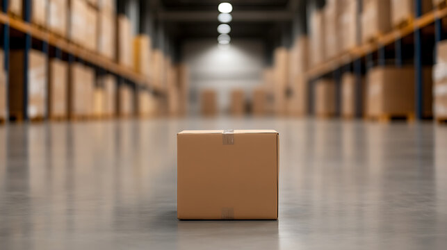 Warehouse Scene: A solitary cardboard box rests in the foreground, set against a backdrop of neatly stacked shelves. Focus is on order and movement of goods in a distribution center.