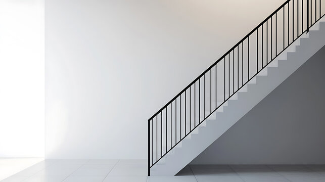 A minimalist staircase ascends against a pristine white wall, creating a sleek, modern architectural element, the simple design highlights geometric forms.