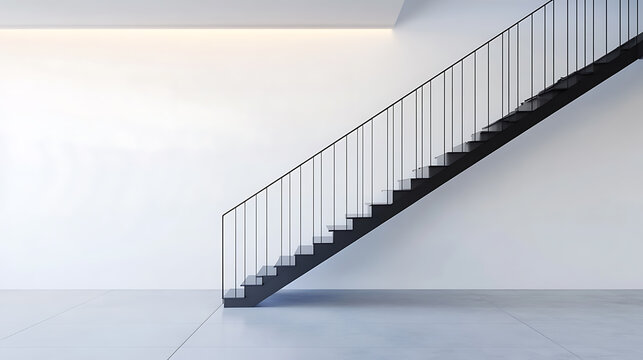 A minimalist staircase design featuring black steps and railings against a pristine white wall. Natural light enhances the architectural elegance, creating a visually appealing space.