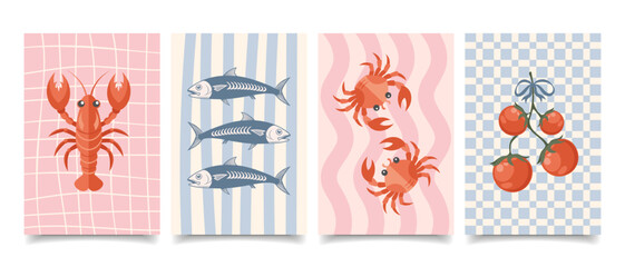 Set of Italian cuisine posters. Crab, lobster, sardines. Mediterranean set. Seafood menu cards.