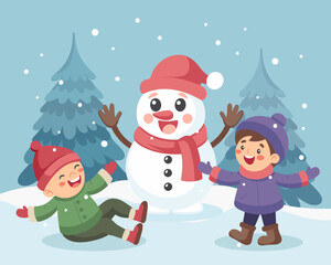 Happy children playing in winter snow with snowman. Christmas and New Year concept illustration.