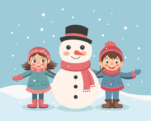 Happy children playing with snowman. Christmas and New Year concept illustration.