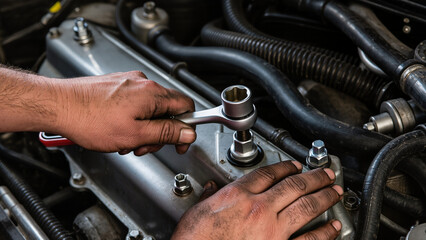 Fototapeta premium mechanic changing car engine