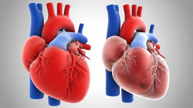 Anatomical comparison between a healthy human heart and a diseased one with arrhythmia and dilated cardiomyopathy, showing the beating cycle