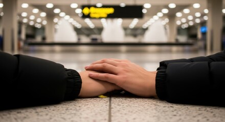 Hands touching in airport lounge - connection and travel theme