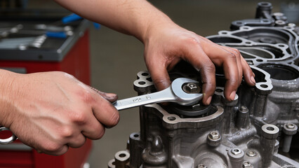 mechanic changing car engine