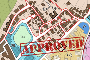Obraz premium Imaginary approved General Urban Plan - Zoning regulations concept with zoning districts, urban destinations, land use, buildable areas and land plot