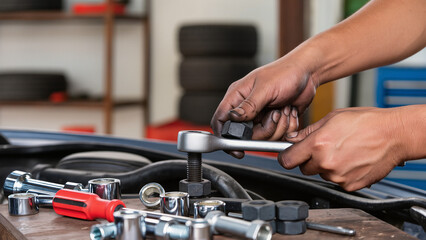 mechanic changing car engine