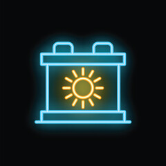 Neon solar battery icon glowing, concept of renewable energy and green technology