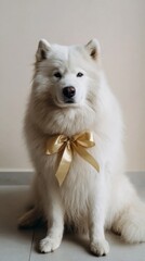Fototapeta premium Fluffy Samoyed with golden bow exudes regal warmth, perfect for National Pet Day or Quirky Christmas tidings