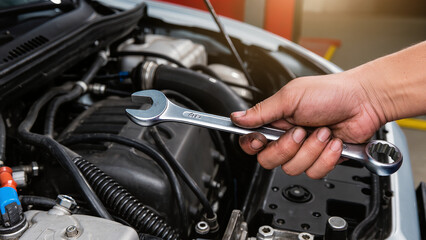 Obraz premium mechanic changing car engine