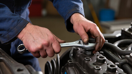mechanic changing car engine