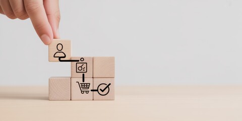 Building the Business Flow: A hand carefully places a block to complete the customer journey, symbolizing the steps towards a successful transaction and seamless customer experience.