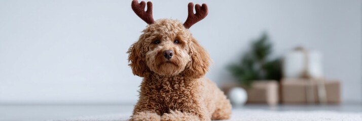 Fluffy brown poodle with antlers exudes festive coziness, invoking Pawlidays spirit, amidst Nordic Yule-inspired minimalistic backdrop