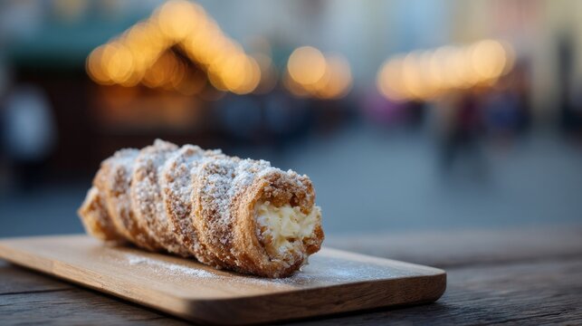 Chimney cake dusted in powdered sugar beckons cozy markets, capturing Budapest's St Stephen's Day and sweet indulgence rituals - Powered by Adobe