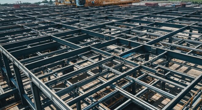 Steel framework construction, aerial view. Grid of beams & infrastructure