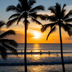 Sunset over the ocean with palm trees and paddle boarders.