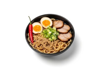 Delicious ramen bowl with pork slices soft boiled eggs and chili pepper top view