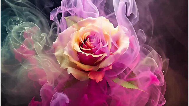 A radiant rose blooms amidst a cloud of vibrant pink and mystical grey smoke in soft diffused