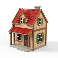 Charming wooden cottage with red roof and green shutters isolated on white background