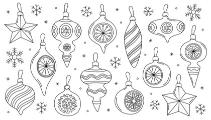 Сollection of different vintage Christmas toys, New Year icons, doodle outline illustrations. Coloring page.	